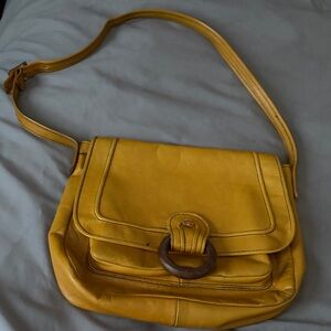 Mustard Yellow Leather Shoulder Bag with Wooden Ring